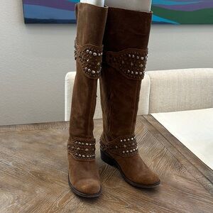Brown Suede Heeled Boots with Studded Detail